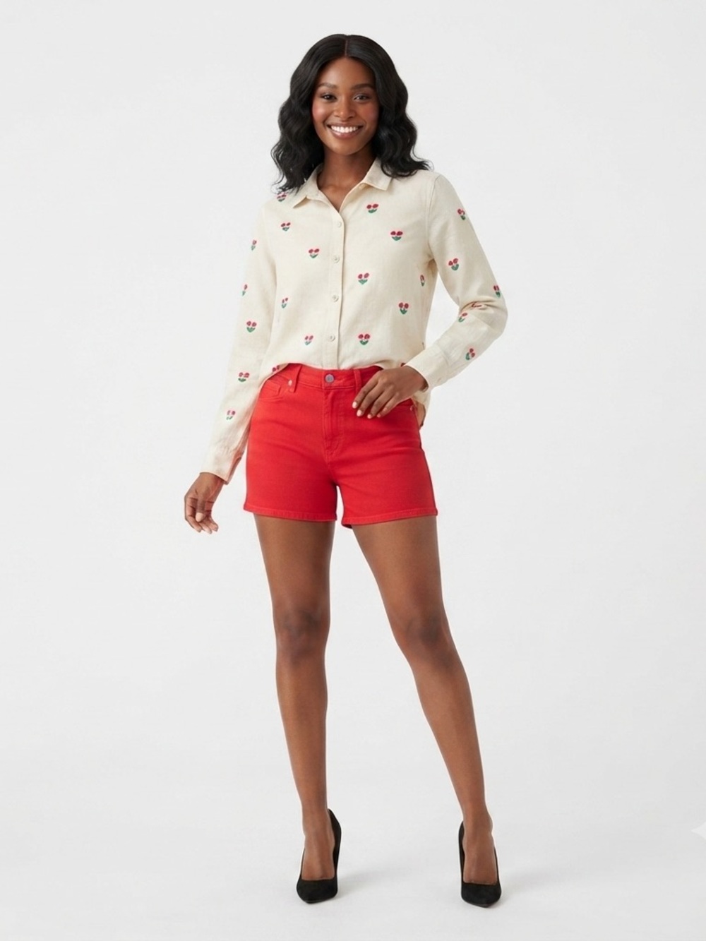 Saison Du Vent Cherry Embroidered Cotton Button Down Shirt Large